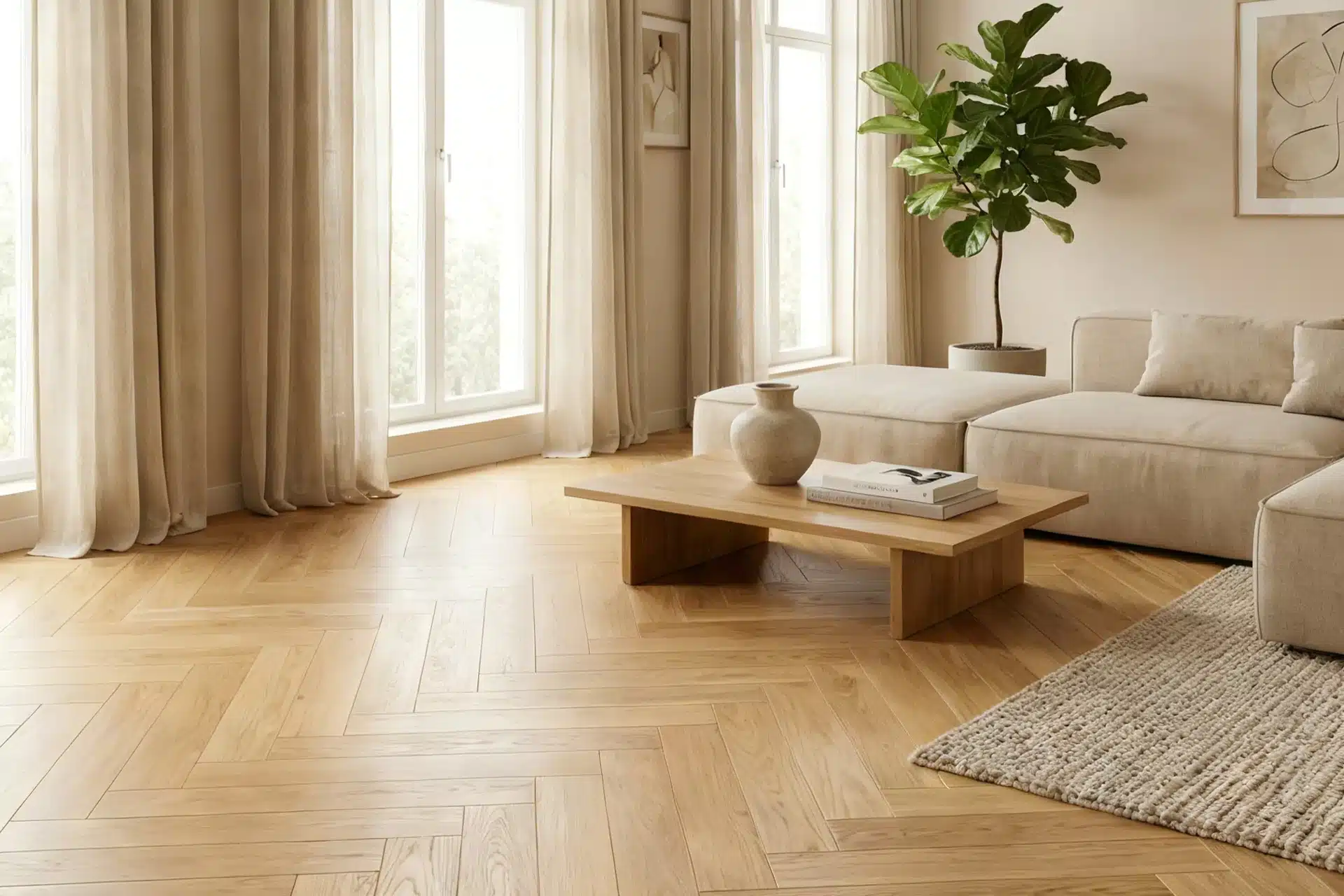 Salon lumineux avec parquet contrecollé bâton rompu en chêne naturel et aménagement intérieur contemporain