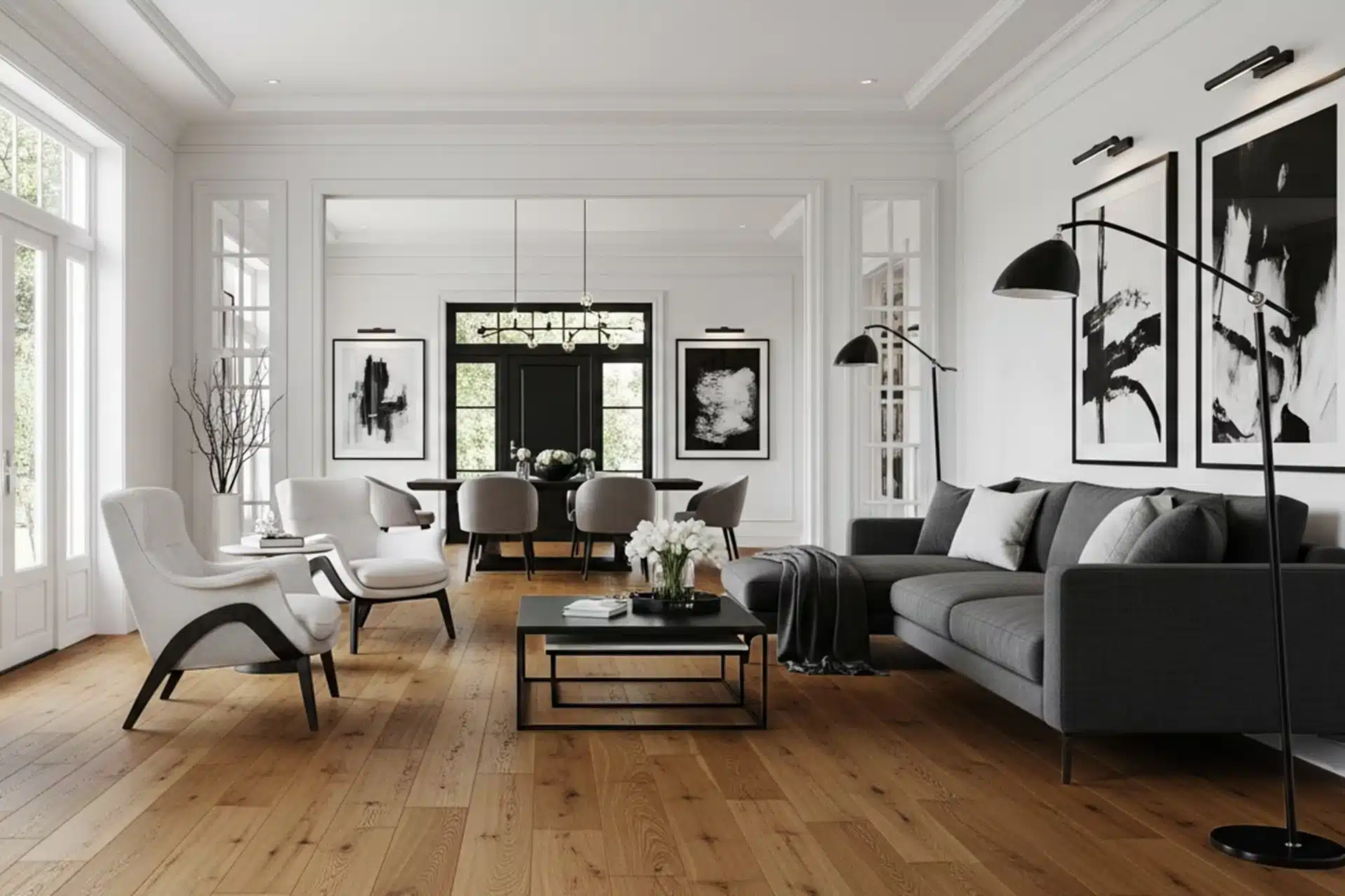 Salon contemporain haut de gamme avec parquet contrecollé en bois naturel, mobilier sur mesure et aménagement intérieur élégant