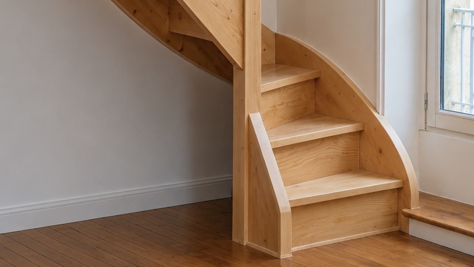 Escalier en bois sur mesure r&eacute;nov&eacute; dans un int&eacute;rieur lumineux, avec garde-corps en bois massif, parquet ancien et grande fen&ecirc;tre apportant de la lumi&egrave;re naturelle.