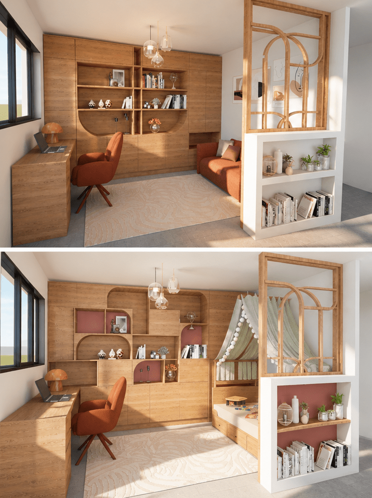 Bureau sur-mesure en bois avec verri&egrave;re d&eacute;corative et biblioth&egrave;que int&eacute;gr&eacute;e &agrave; Montpellier dans l&rsquo;H&eacute;rault.