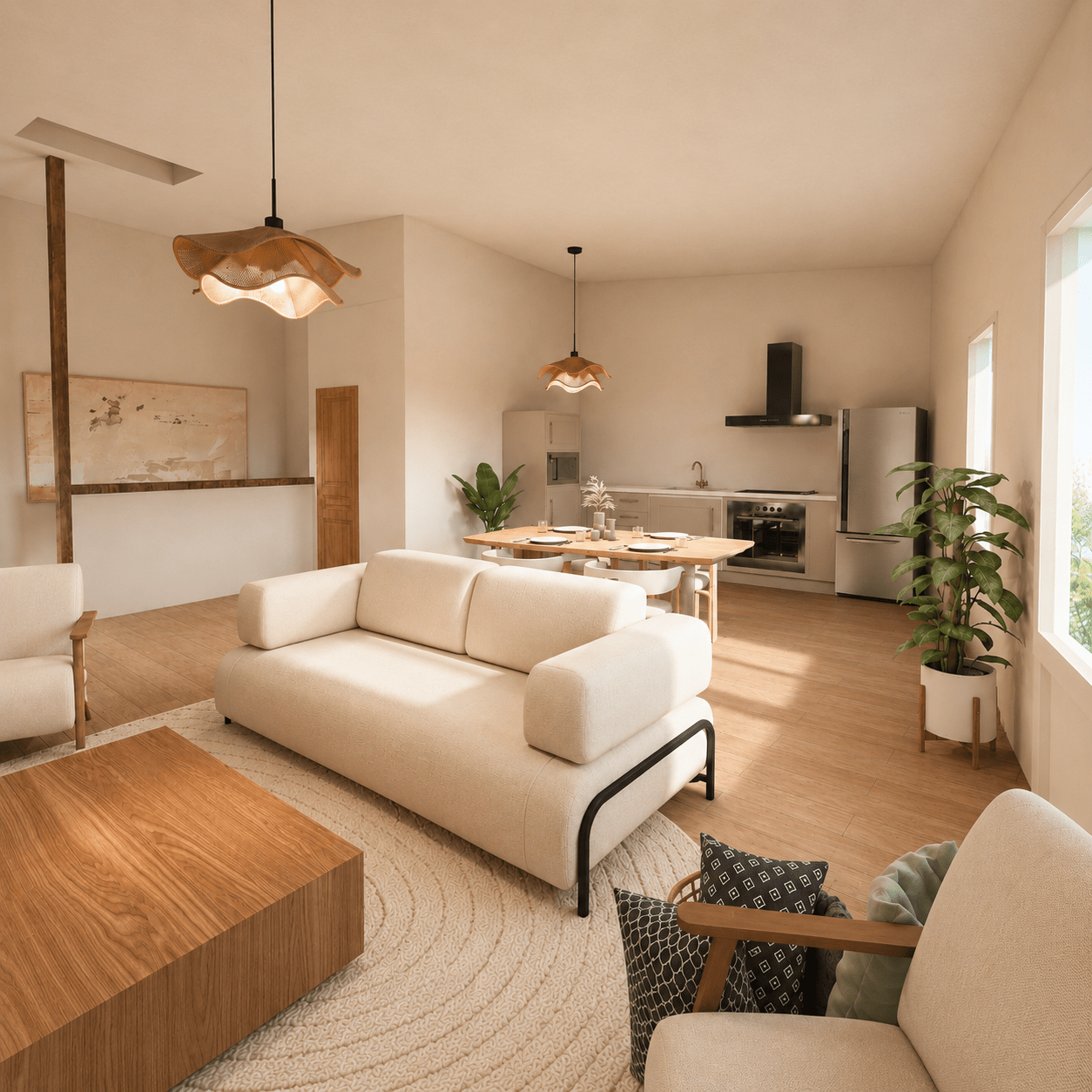 conception-3d-espace-vie-ouvert-renovation-interieure.jpg Vue 3D d’un espace de vie ouvert comprenant un salon, une salle à manger et une cuisine dans des tons naturels et chaleureux.