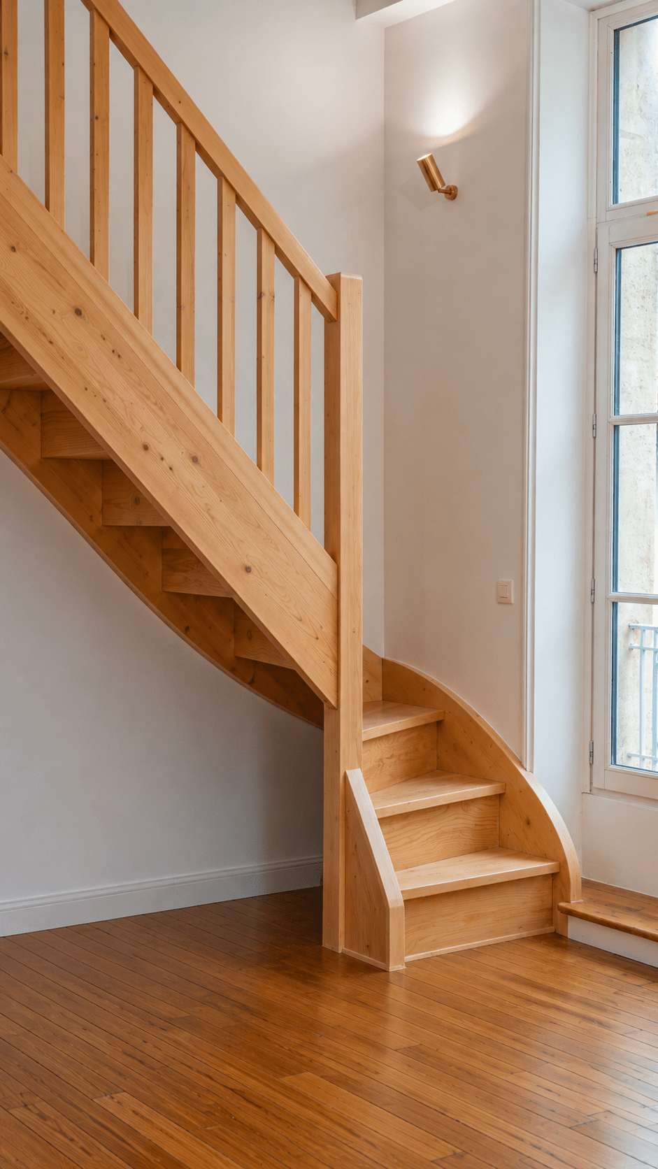 Escalier en bois sur mesure r&eacute;nov&eacute; dans un int&eacute;rieur lumineux, avec garde-corps en bois massif, parquet ancien et grande fen&ecirc;tre apportant de la lumi&egrave;re naturelle.