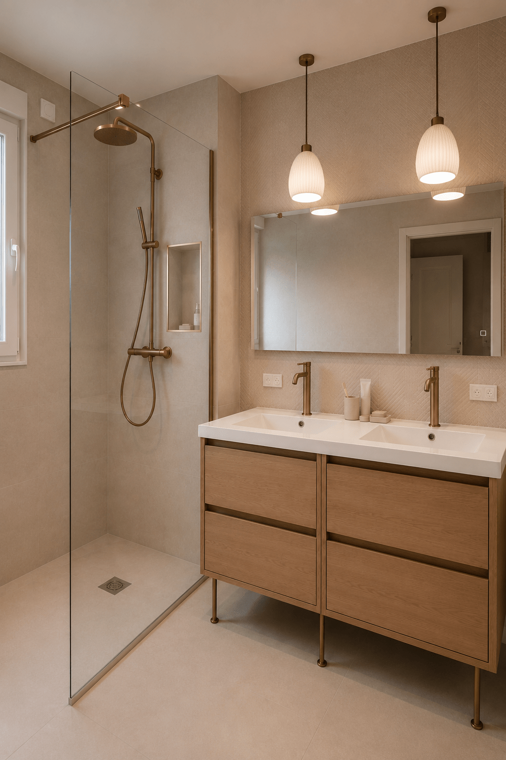 Salle de bain r&eacute;nov&eacute;e avec douche &agrave; l&rsquo;italienne, meuble vasque en bois, robinetterie finition laiton et rev&ecirc;tement mural textur&eacute; dans des tons beige clair.